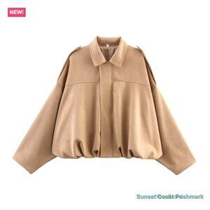Faux Suede Bomber Jacket Oversized Lapel Pilot Coat Casual Streetwear